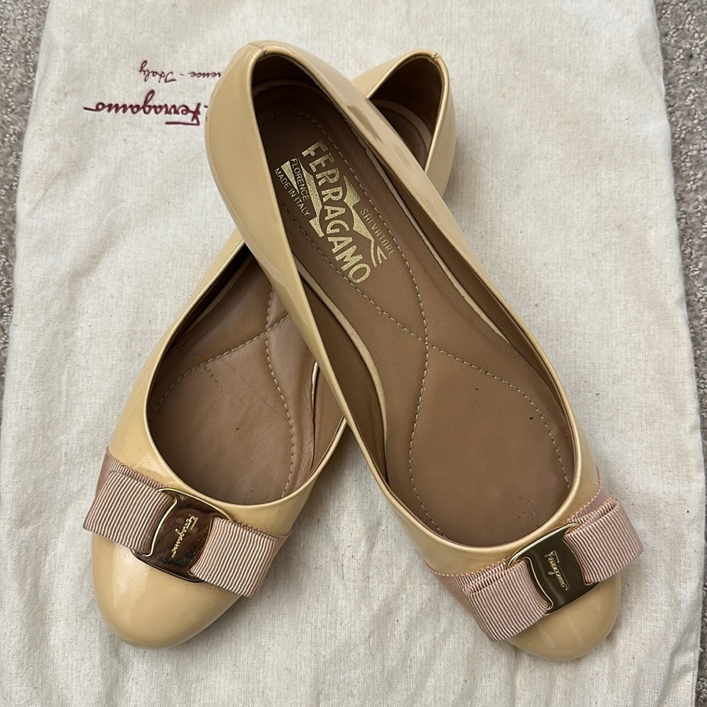 Salvatore Ferragamo Tan Flats with Gold Accent